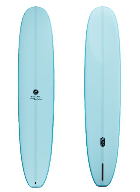 Two light-blue surfboards standing upright side by side; one shows a logo midboard, the other a bottom fin slot.