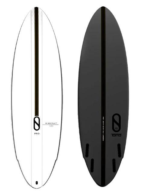 HLGpWBjA - SHOP NEWS | ムラサキスポーツオンラインストア 通販 Two surfboards displayed upright side by side: the left board is white with a brown center stringer and MindCraft branding; the right board is dark gray with a black center stringer and three fin slots visible.