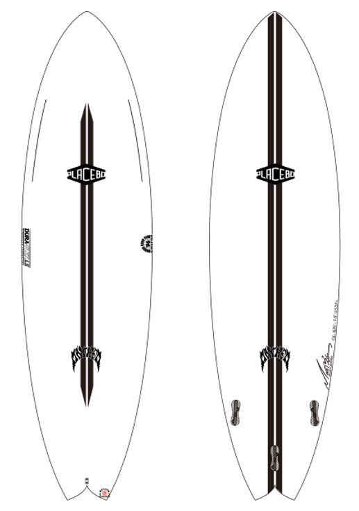 KINGFISH-ol - SHOP NEWS | ムラサキスポーツオンラインストア 通販 Two white surfboards with a bold black center stripe and a Placebo logo, shown side by side (left: top view; right: bottom view with fins).