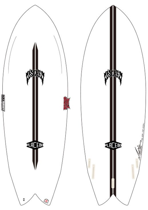 PSYCOFISH-ol - SHOP NEWS | ムラサキスポーツオンラインストア 通販 Two white surfboards with a bold black vertical sword graphic down the center, logo 'PLACEBO' near the tail; left board has a small red tag.