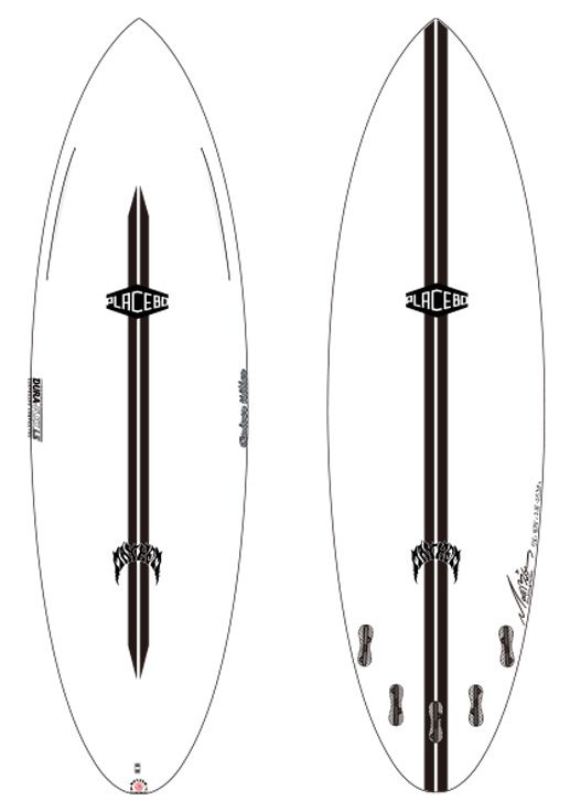 QUIVERKILLER-ol - SHOP NEWS | ムラサキスポーツオンラインストア 通販 Two white surfboards with a vertical black center stripe and the word Placebo; the right board shows multiple fins along the bottom.