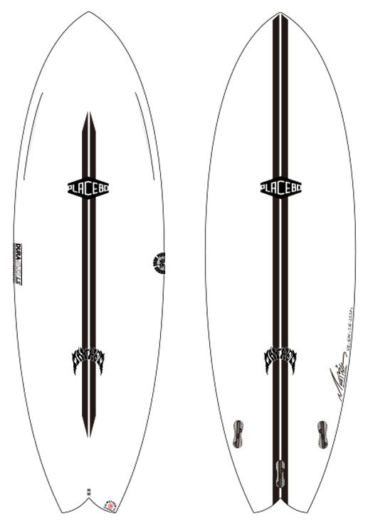 RNF96WIDE-ol - SHOP NEWS | ムラサキスポーツオンラインストア 通販 Two white surfboards with a black vertical center stripe and a Placebo logo, shown side by side.