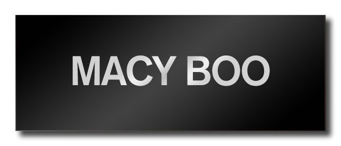 Dark gradient banner with the words 'MACY BOO' in bold gray lettering.