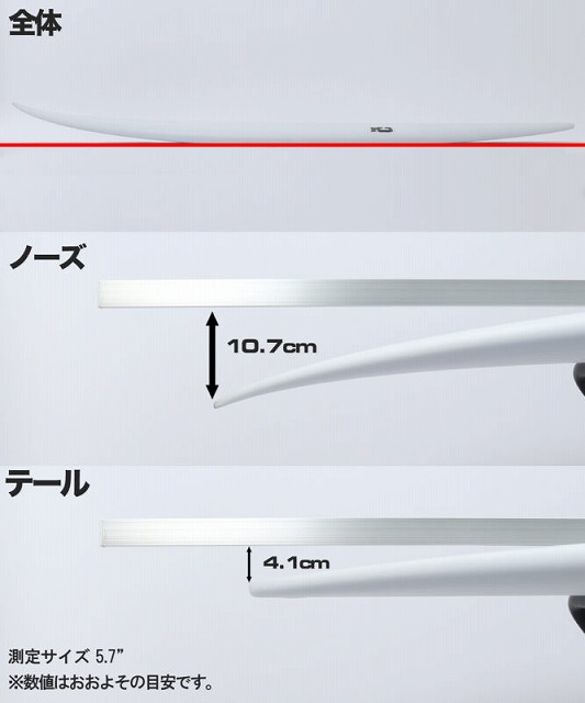 Infographic of a white elongated blade showing sections labeled Nose and Tail, with vertical measurements: Nose height 10.7 cm and Tail height 4.1 cm; text in Japanese indicating overall, Nose, Tail and a note about size ~5.7 inches.