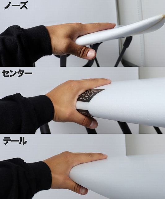 Hand presses a white board at three sections—nose, center, and tail (labels in Japanese).