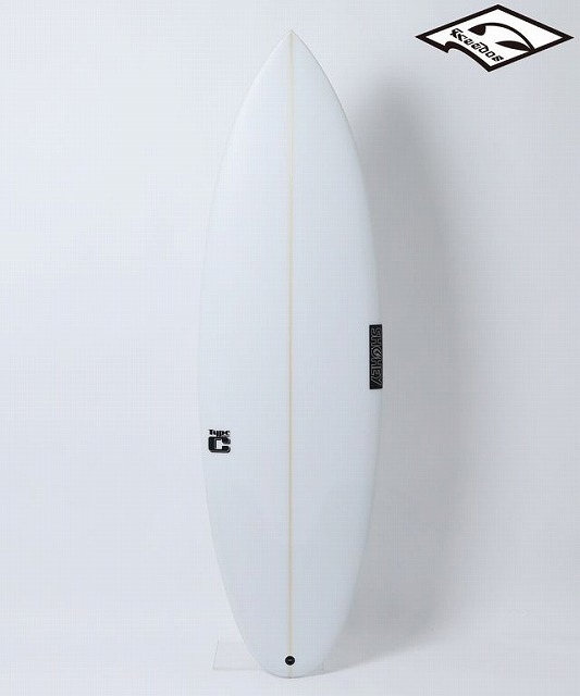 White shortboard surfboard standing upright on a white background, with a light brown stringer and small black logos near the tail and middle.