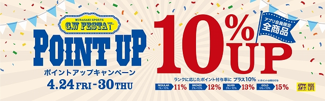 Banner for Point Up campaign: large '10% UP' with 'POINT UP' logo and confetti background, dates 4.24 FRI–30 THU (seasonal promo).