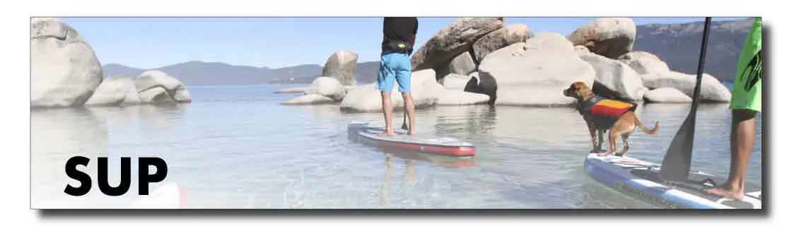 People stand-up paddling on calm water with large rocks in the background; a dog stands on a paddleboard while another rider balances nearby, with 'SUP' text on the left.