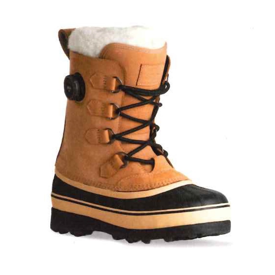 Tan insulated winter boot with black toe cap and thick sole, laced up and lined with white fur. Favorite: kids' snow boot with rugged tread for cold weather.