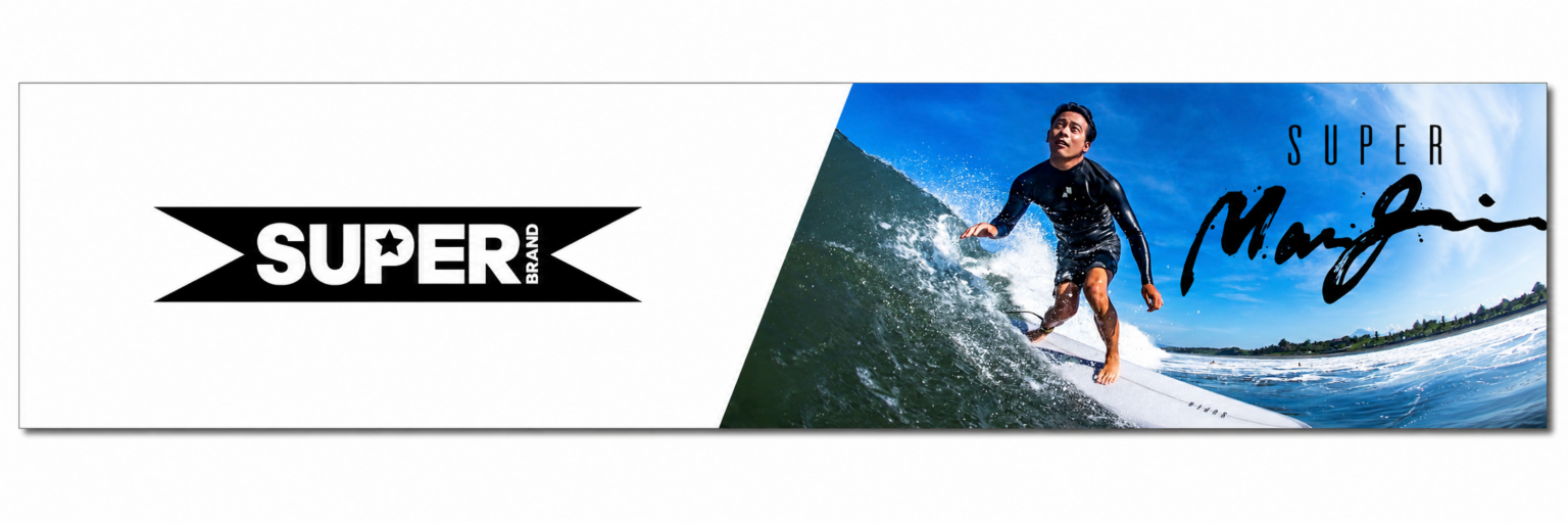 Wide banner featuring the SUPER Brand logo on white left side and a surfer on a wave on the right with blue sky.