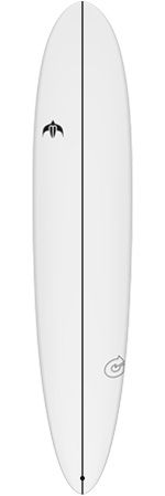 White surfboard with a black center stringer, small logo on upper left, and a round logo near the lower right