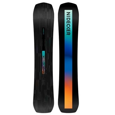 Pair of black snowboards laid side by side; left board shows internal graphic design, right board features a vertical blue-to-orange gradient stripe with the Nidecker logo.