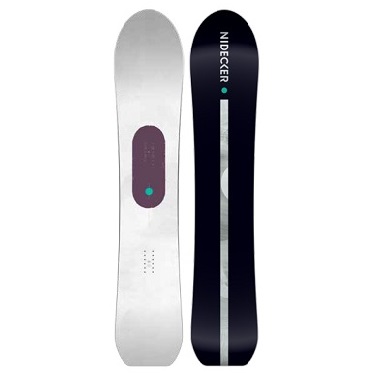 Pair of skis standing upright side by side; left ski is white with a purple binding pad, right ski is dark blue with a silver vertical stripe and the NIDECKER branding.