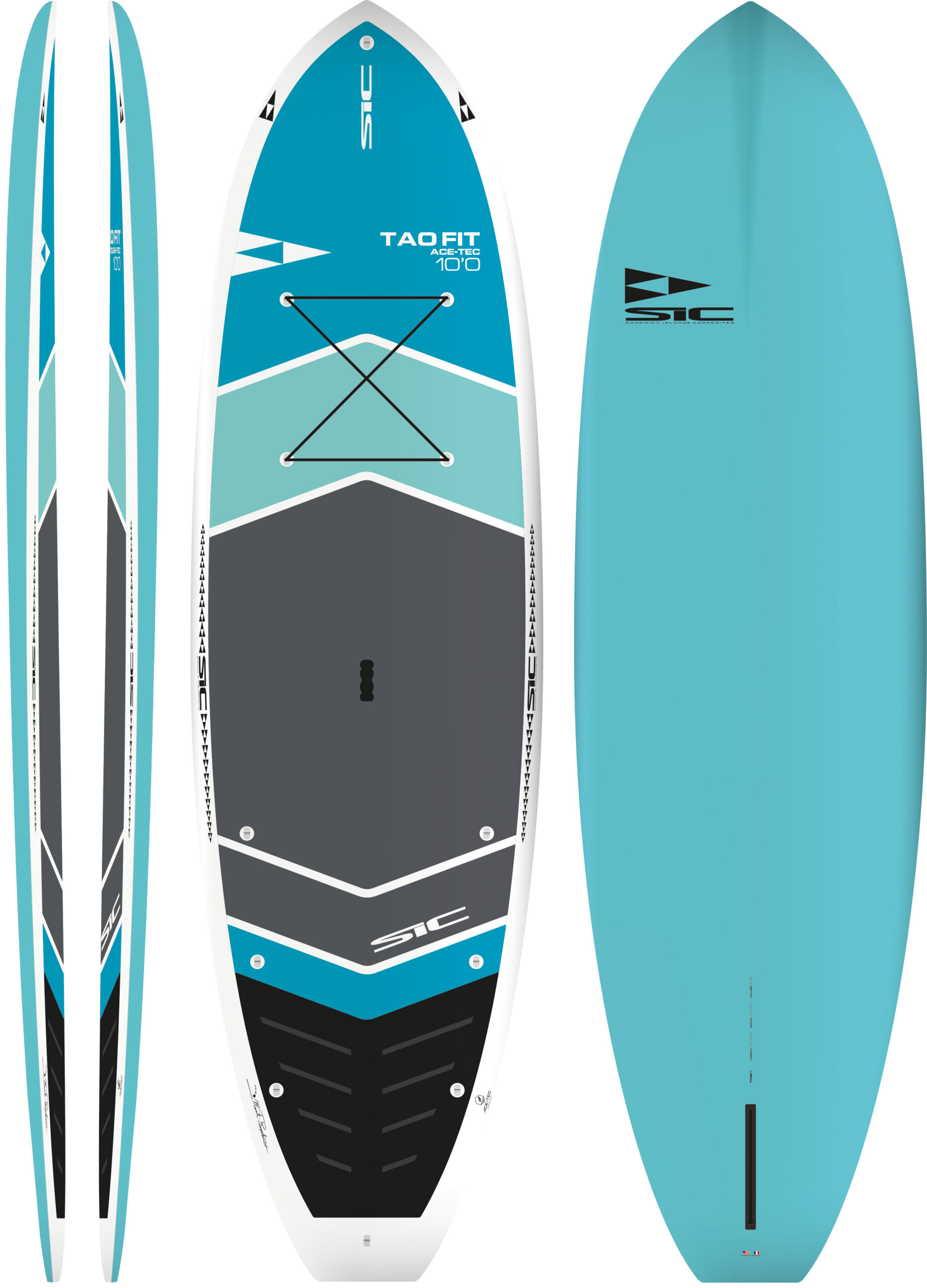 SIC_2023_Tao-Fit-Art_10-11_R02_CD - SHOP NEWS | ムラサキスポーツオンラインストア 通販 Three stand-up paddleboards (SUPs) in teal/blue, shown from side and top views with deck pad, bungee storage, and SIC branding.