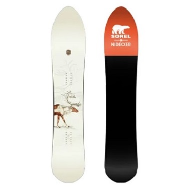 Pair of snowboards standing upright: left white with a deer illustration; right orange-to-black board with the 'SOREL NIDECKER' logo