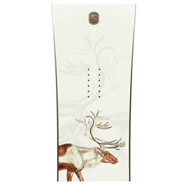 Tall cream card with a deer at the bottom, faint tree motif, and a vertical row of small black dots in the center, plus a small brown emblem at the top