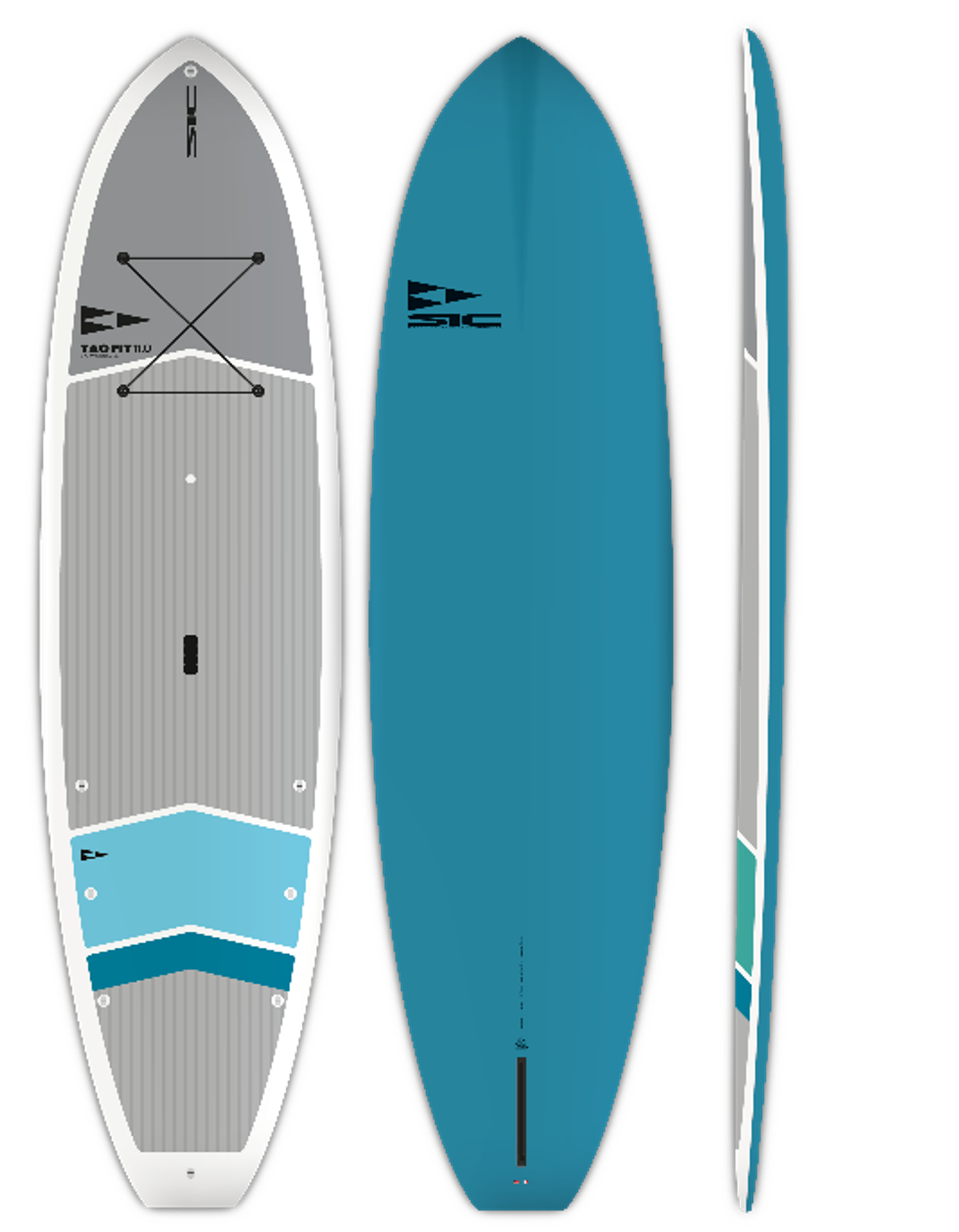 TAO FIT TT 11 1 - SHOP NEWS | ムラサキスポーツオンラインストア 通販 Row of three stand-up paddleboards (SUPs) shown from front and side: left gray with white border and deck pad, middle teal with logo, right narrow blue edge.