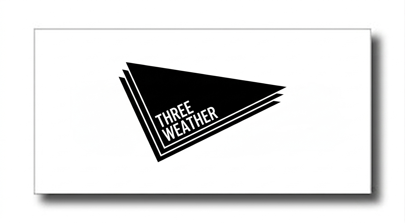 TWバナー - SHOP NEWS | ムラサキスポーツオンラインストア 通販 Black geometric triangle logo with three layered steps and the text THREE WEATHER in white.