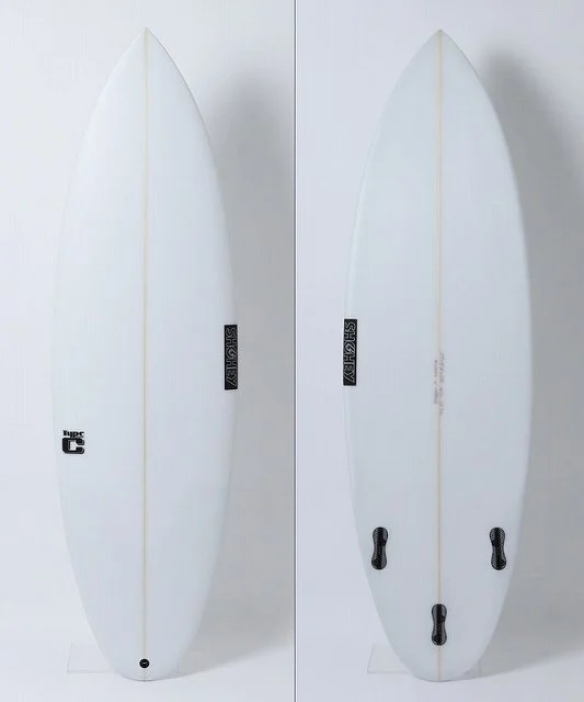 White surfboard with a central stringer and black brand logos, shown from two angles against a white background.