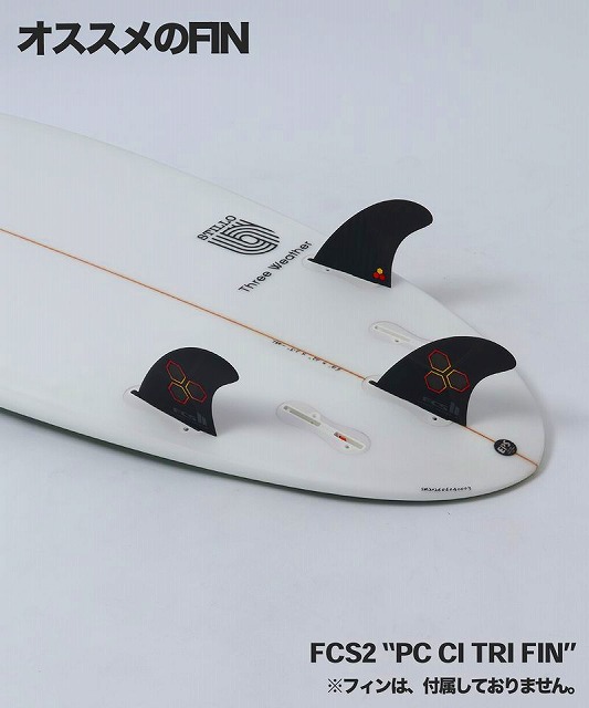 Close-up of a white surfboard with three black fins mounted, labeled FCS2 PC CI TRI FIN, on a light background (recommended fins).