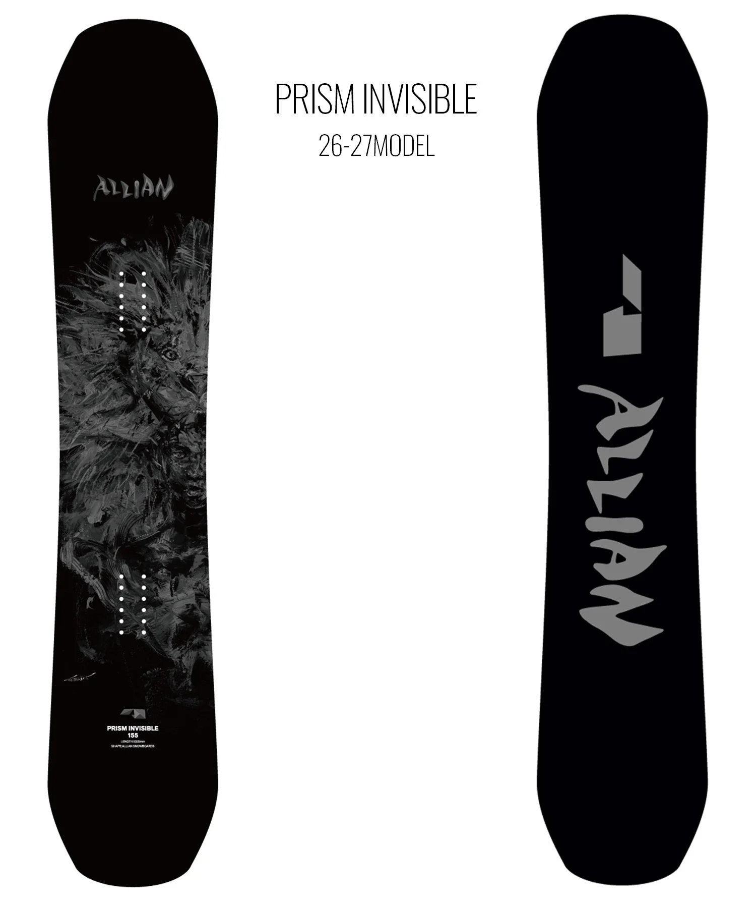 Two black snowboard decks shown from above; left board has a dark marbled texture with white mounting holes and 'PRISM INVISIBLE' at the top, right board shows a minimalist logo and 'INVISIBLE' lettering along the side, center text reads 'PRISM INVISIBLE 26-27 MODEL'