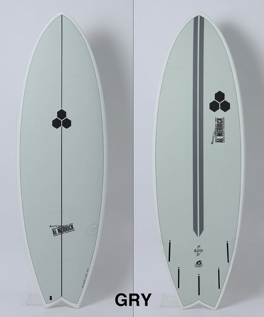 Front and back views of a light gray surfboard with a black hexagon logo, shown upright against a white background.