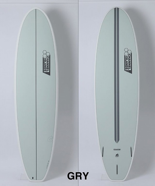 Side-by-side photos of a gray Channel Islands GRY surfboard; left shows the plain deck, right shows the deck with a dark center stripe and logo.