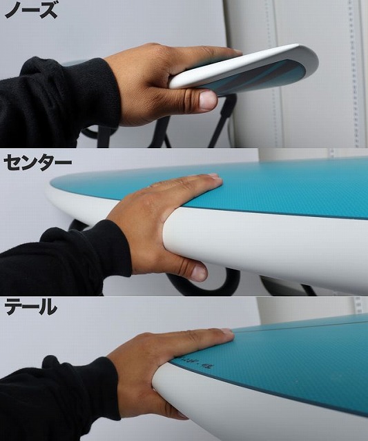 Hands press the edge of a blue surfboard at the nose, center, and tail, with Japanese labels ノーズ (Nose), センター (Center), テール (Tail).