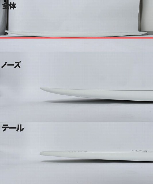 White boxes labeled in Japanese (全体, ノーズ, テール) with a white curved object resting on each box.