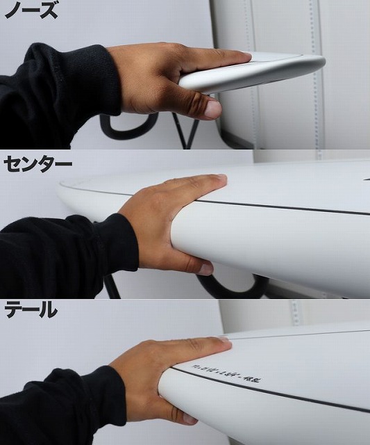 Person's hand pressing along a white panel with Japanese labels for Nose, Center, and Tail, showing alignment points.