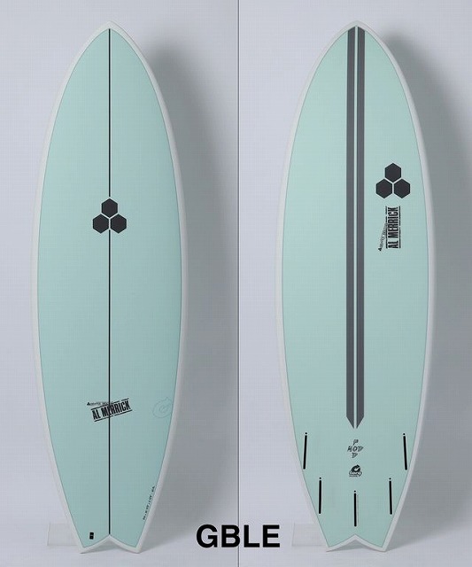 Mint green surfboard shown from two angles (front and back). Front view features a vertical stringer and a small black hex logo; back view shows a central dark stripe and tail fin slots.