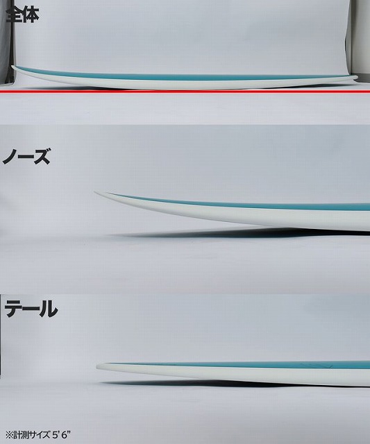 Diagram of a surfboard profile with Japanese labels: 全体 (overall), ノーズ (nose), テール (tail); blue rail and a 5'6" length note.