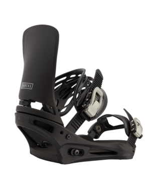 burton_cartel - SHOP NEWS | ムラサキスポーツオンラインストア 通販 Black snowboard binding with high back, ankle and toe straps visible from a side angle