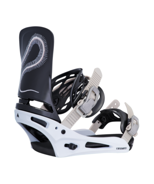 burton_cartel_sk - SHOP NEWS | ムラサキスポーツオンラインストア 通販 Snowboard binding with white chassis, black highback, and gray straps with ratchets.