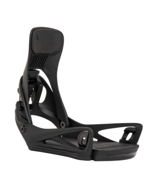 burton_cartelxso - SHOP NEWS | ムラサキスポーツオンラインストア 通販 Black snowboard binding with highback, toe strap, and footbed visible for secure foot placement.