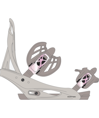 burton_citizen_gry - SHOP NEWS | ムラサキスポーツオンラインストア 通販 Side view of a Burton snowboard binding mounted on a board, with highback upright and pink padded straps.