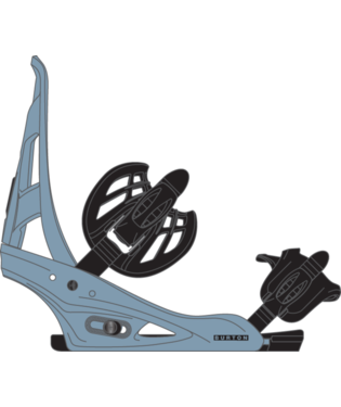 burton_freestyle_blue - SHOP NEWS | ムラサキスポーツオンラインストア 通販 Side view of a blue snowboard binding with black straps and ratchets, mounted on a board edge.