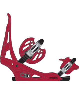burton_freestyle_rd - SHOP NEWS | ムラサキスポーツオンラインストア 通販 Red snowboard binding with highback, ankle and toe straps, mounted on a black baseplate on a white background.