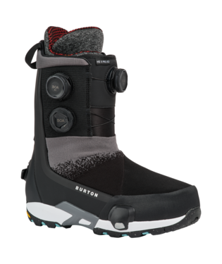 Burton snowboard boot in black/gray with BOA dials and red padded interior, rugged tread outsole.