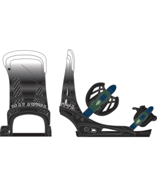 burton_malavita_fd - SHOP NEWS | ムラサキスポーツオンラインストア 通販 Snowboard with black adjustable bindings mounted, shown from side and rear views
