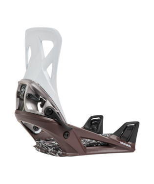 burton_so_bear - SHOP NEWS | ムラサキスポーツオンラインストア 通販 Snowboard binding with white highback and brown chassis, shown at an angle on a board.