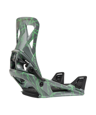 burton_so_gr - SHOP NEWS | ムラサキスポーツオンラインストア 通販 Side view of a snowboard binding with a black frame and neon green graphic lines on the highback and baseplate.