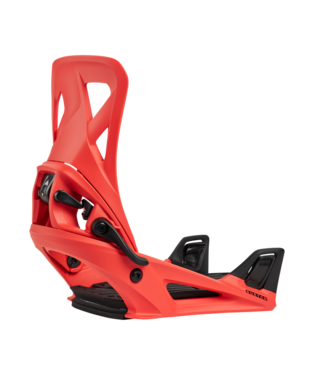 burton_so_hot - SHOP NEWS | ムラサキスポーツオンラインストア 通販 Orange snowboard binding shown from the side, featuring a highback, ankle strap, and toe ramp/strap system