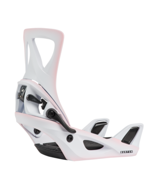 burton_w_so_pk - SHOP NEWS | ムラサキスポーツオンラインストア 通販 White snowboarding binding with pink accents, showing highback, ankle strap, and baseplate (product image).