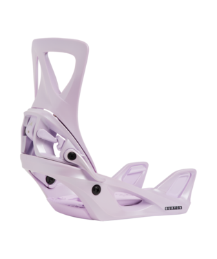 burton_w_so_pur - SHOP NEWS | ムラサキスポーツオンラインストア 通販 Purple snowboard binding with ankle and toe straps and a tall highback, mounted for use on a snowboard.