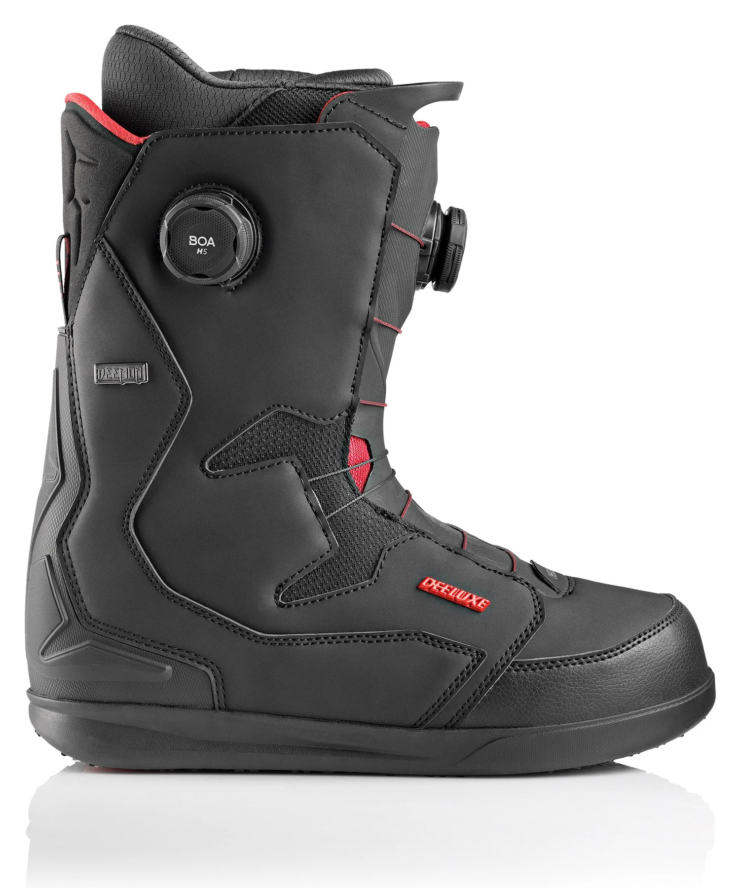 Black snowboarding boot with a BOA dial closure, red stitching accents, and rugged sole.