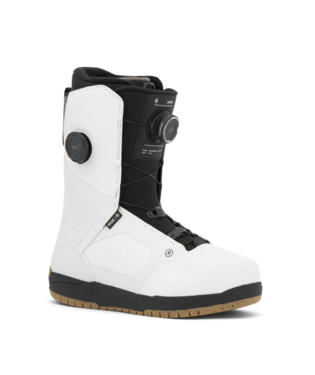 White snowboard boot with a black BOA dial closure, ankle support, and a tan rubber outsole.