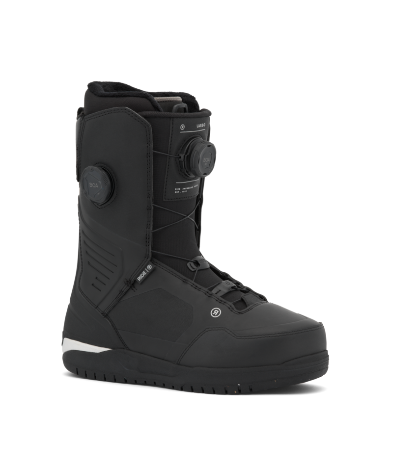 Black high-top snowboard boot with BOA dial closure and padded cuff for secure fit and control in snow sports, shown from side view.
