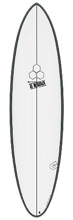White shortboard surfboard with a dark rim, central stringer, a hexagon logo, and a small brand sticker near the tail.