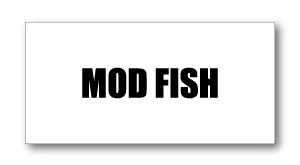 MOD FISH logo: bold black letters on a white card with a subtle drop shadow.